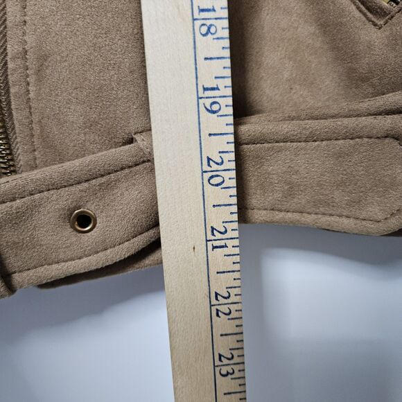 Vigoss Faux Suede Biker Jacket Women's Large Brown Pockets Gold Zipper Belted - Picture 8 of 9